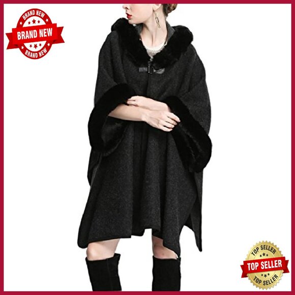 Luxury Batwing Sleeve Faux Fur Hooded Cloak Poncho Sweater Cape - Picture 6 of 8